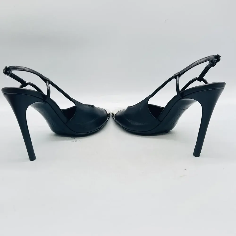 Louis Vuitton Shoes Womens 6.5 Black Leather Cap Toe Slingback Stiletto Heels - Picture 6 of 12